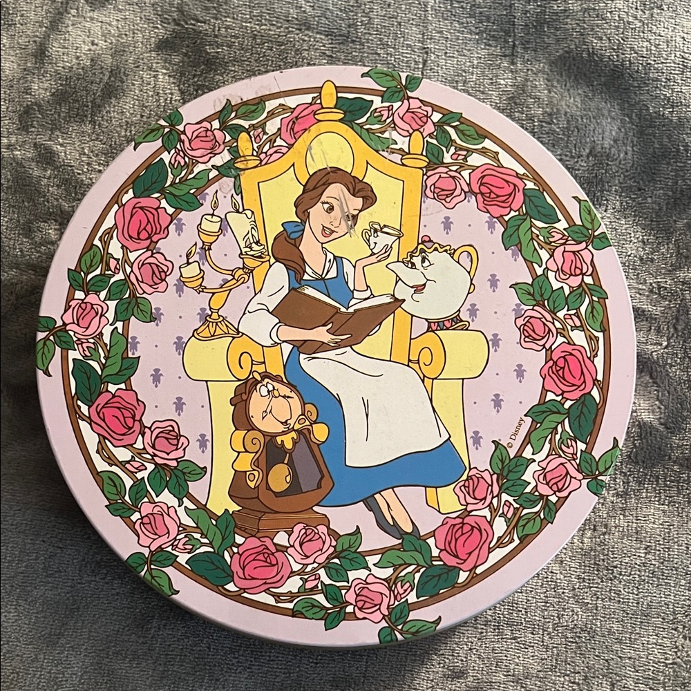 Disney Beauty and the Beast Floral Tin Keepsake Box with character ornaments